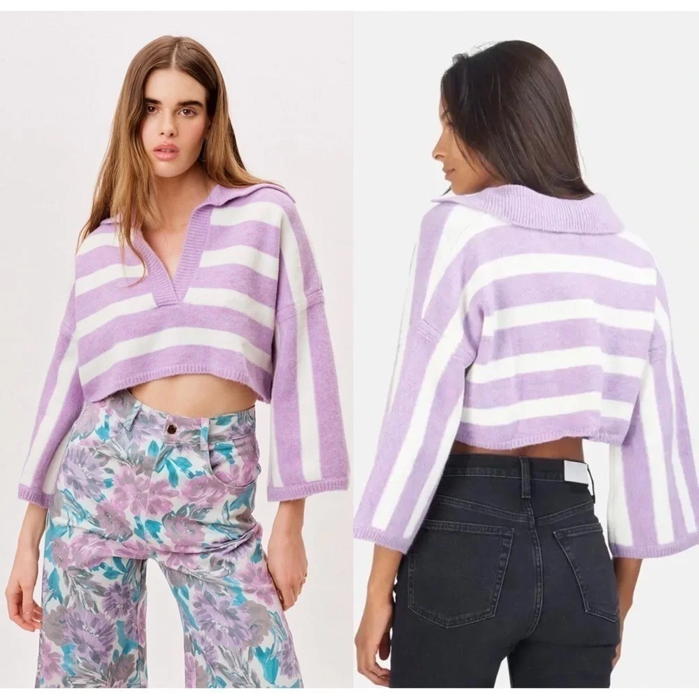 NWT LOVE LEMONS 90s Lavender Stripe V-Neck Oversized Soft Knit Cropped Sweater L